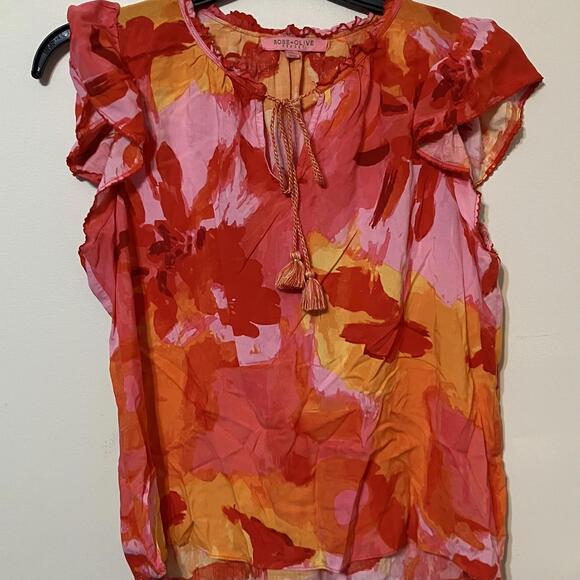 Rose + Olive Resort Vibrant Red Orange Floral Ruffle Sleeve Blouse Size Small - Picture 3 of 4